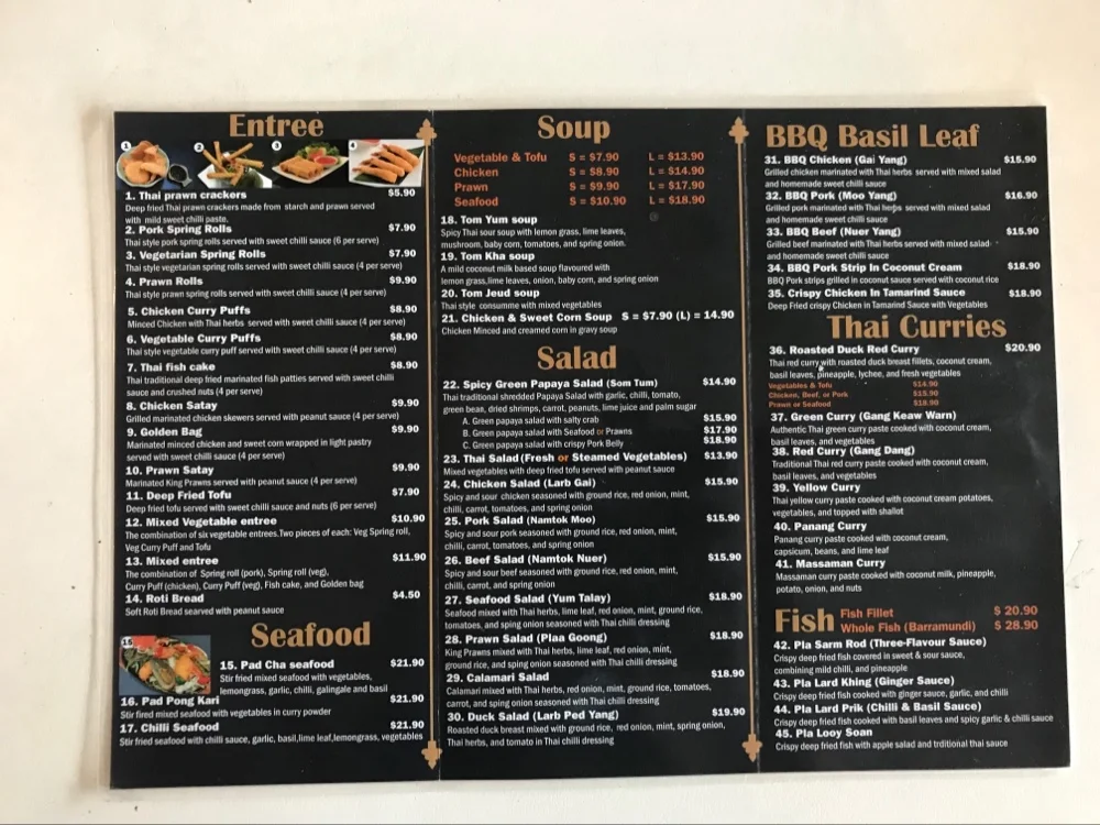 Menu, Basil Leaf Thai