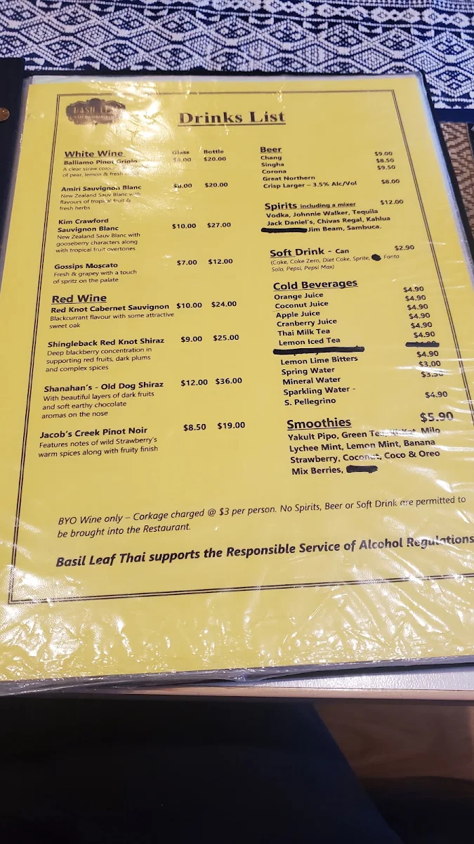 Menu, Basil Leaf Thai