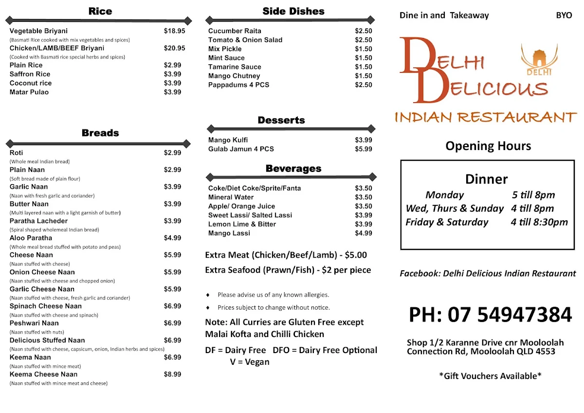 Menu, Delhi Delicious Indian Restaurant