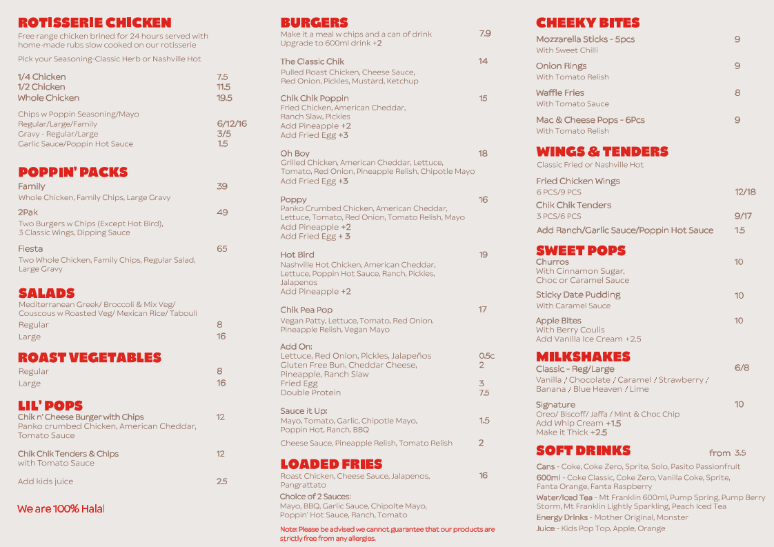 Menu, Chik Chik Pop- Chicken Shop