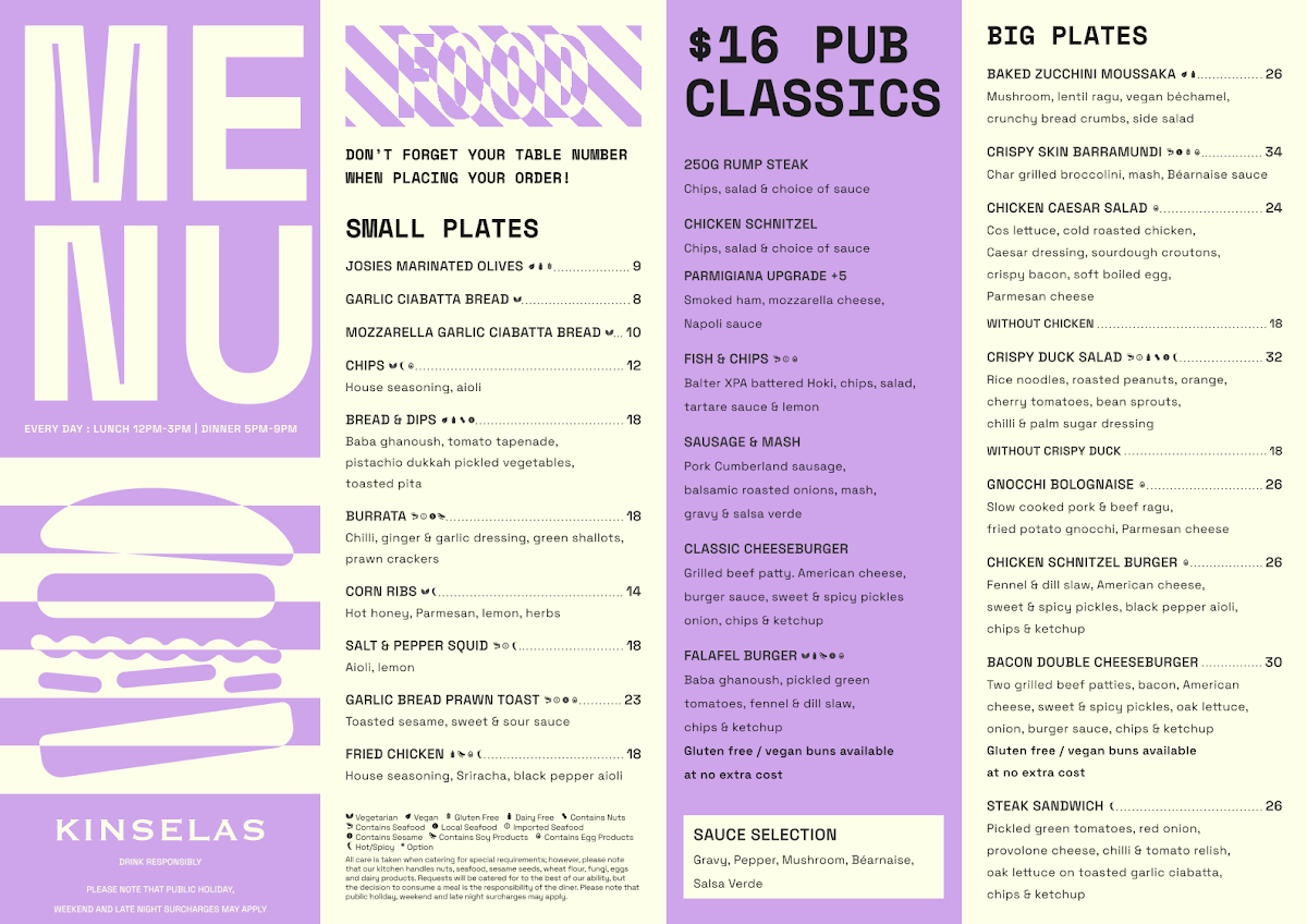 Menu, Kinselas Hotel