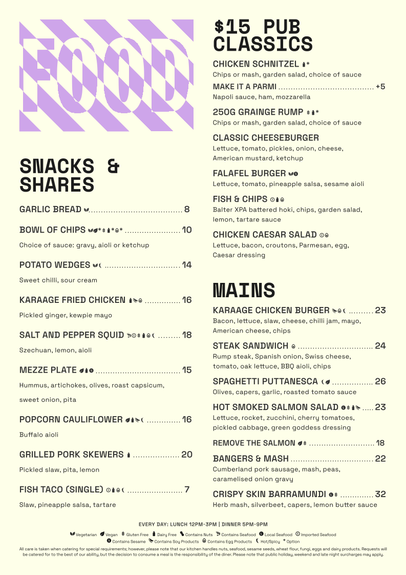 Menu, Kinselas Hotel