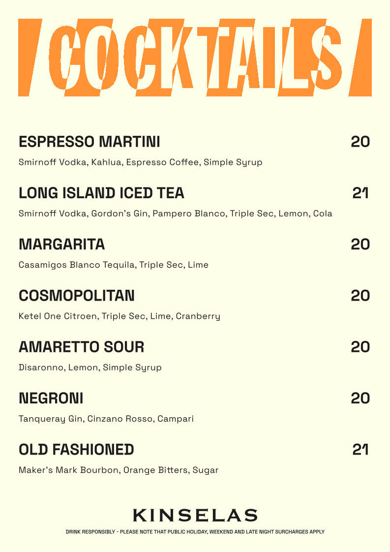 Menu, Kinselas Hotel