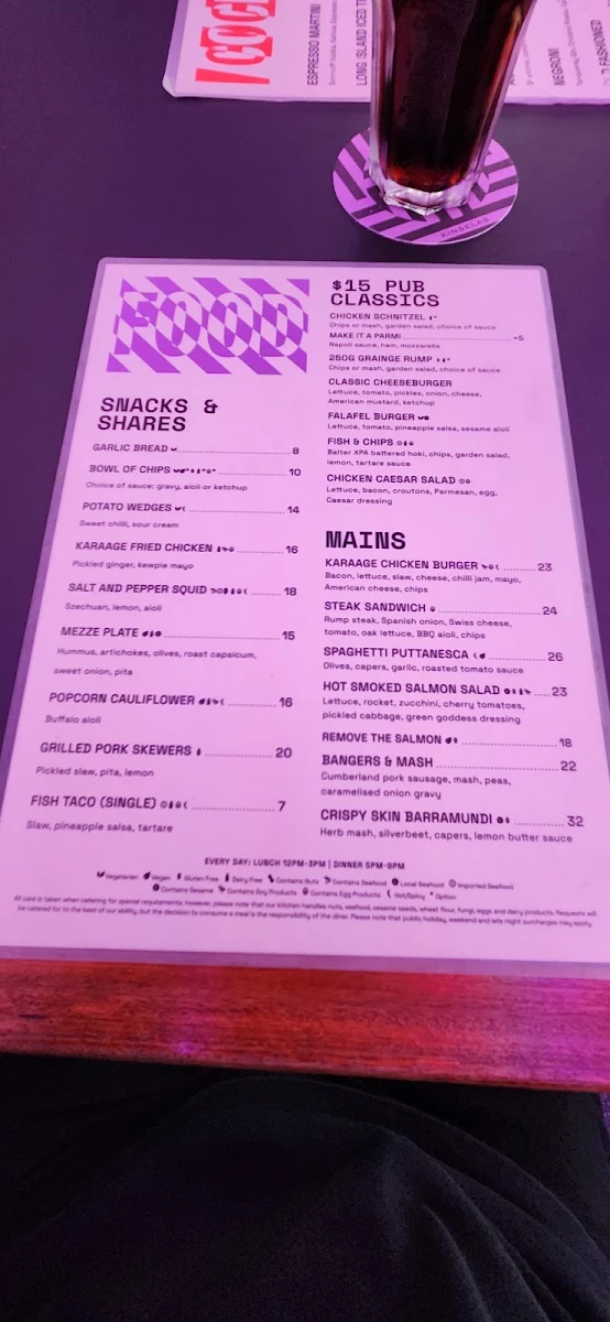 Menu, Kinselas Hotel
