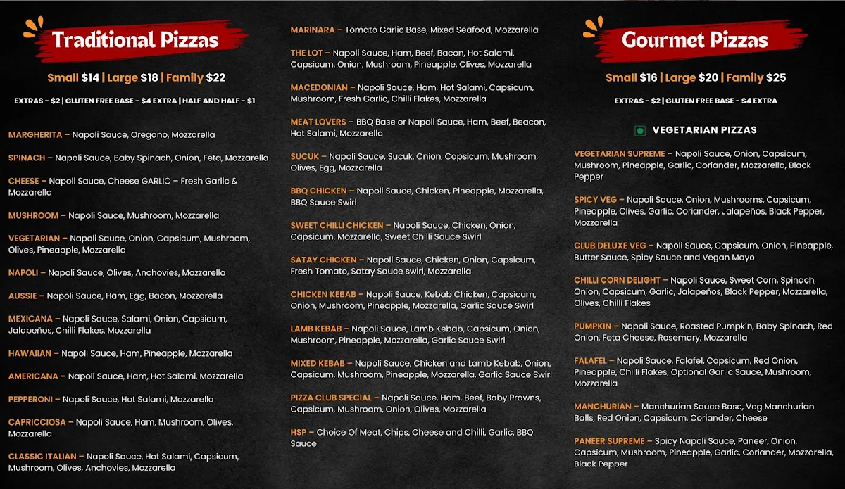 Menu, PIZZA CLUB THORNHILL PARK