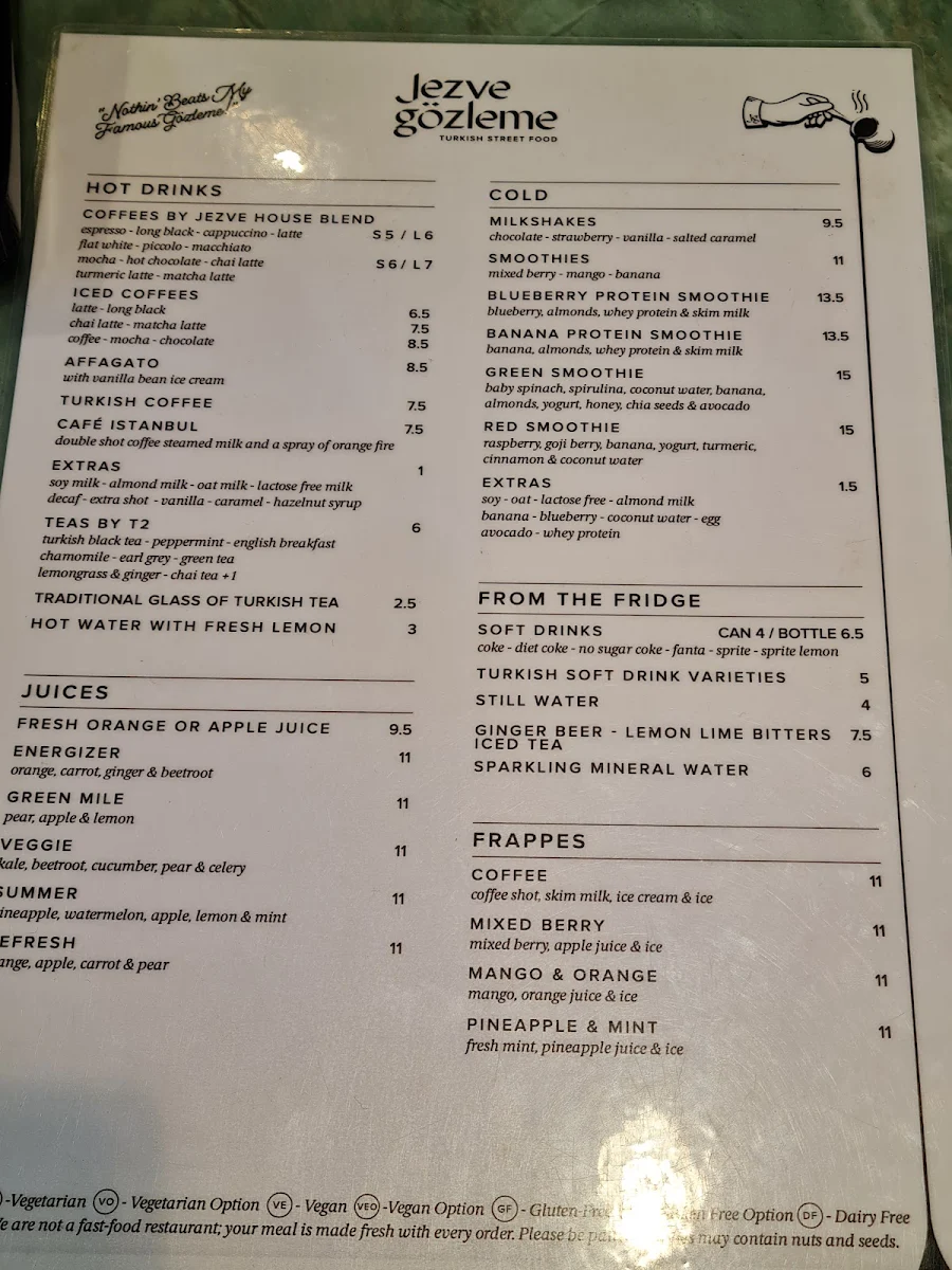 Menu, Jezve Coffee & Gözleme