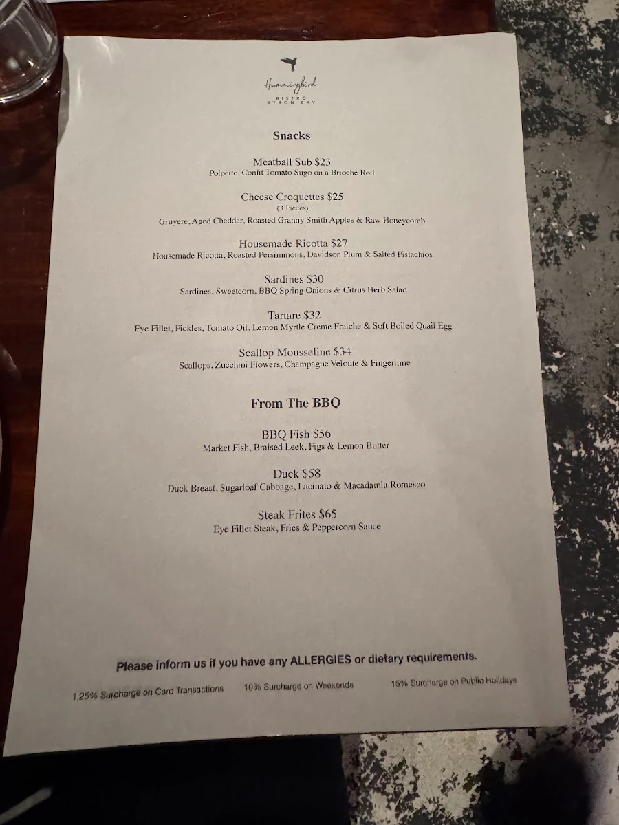 Menu, Hummingbird Bistro Byron Bay