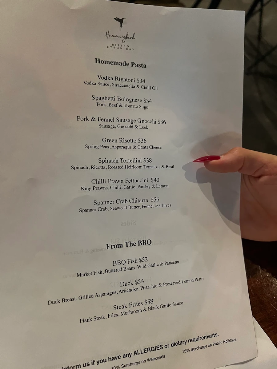 Menu, Hummingbird Bistro Byron Bay