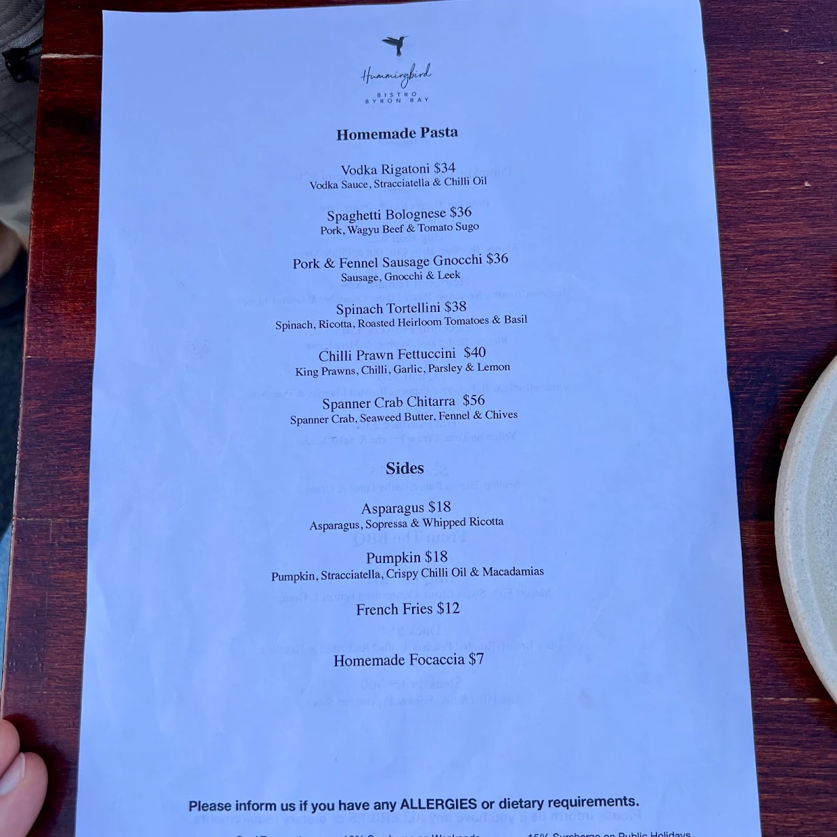 Menu, Hummingbird Bistro Byron Bay
