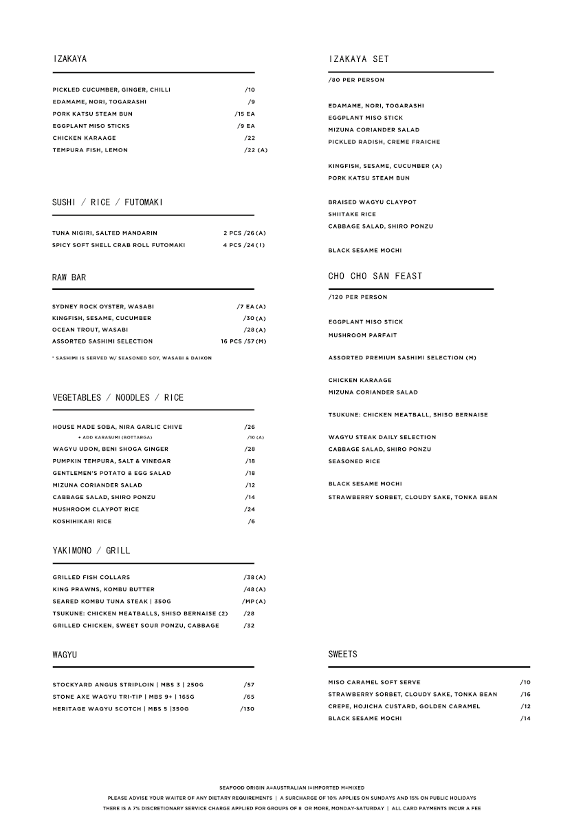 Menu, Cho Cho San
