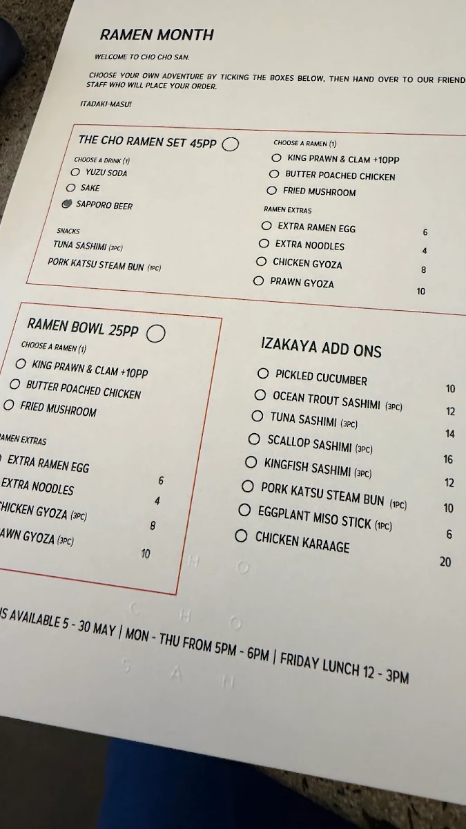 Menu, Cho Cho San