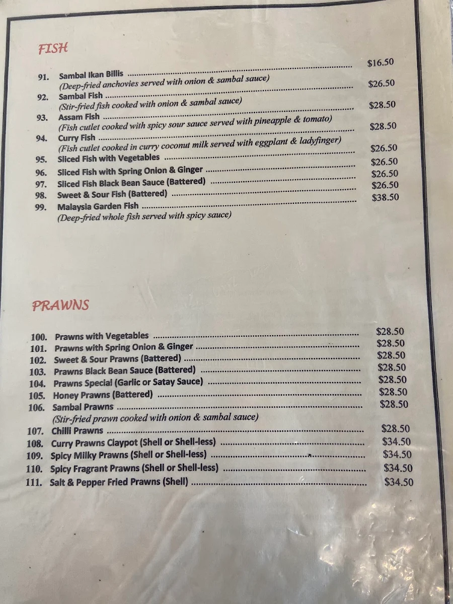 Menu, Malaysia Garden Restaurant