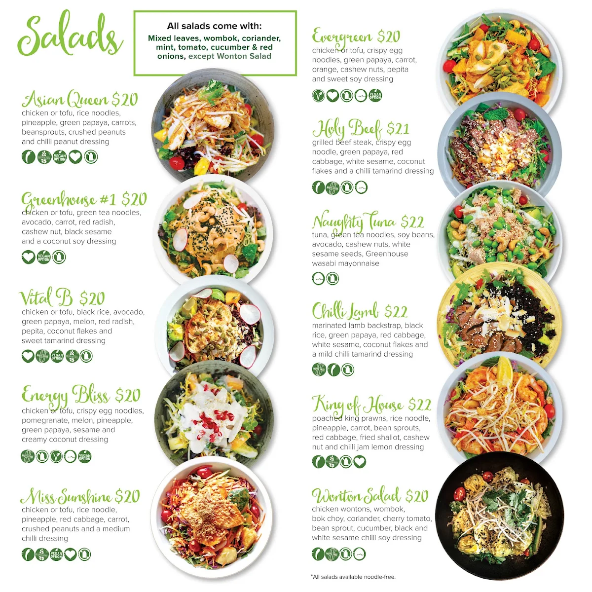 Menu, Greenhouse Asian Salads - Edgecliff
