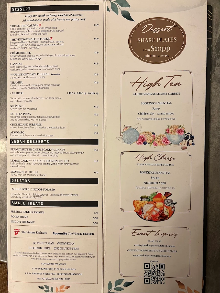 Menu, The Vintage Secret Garden
