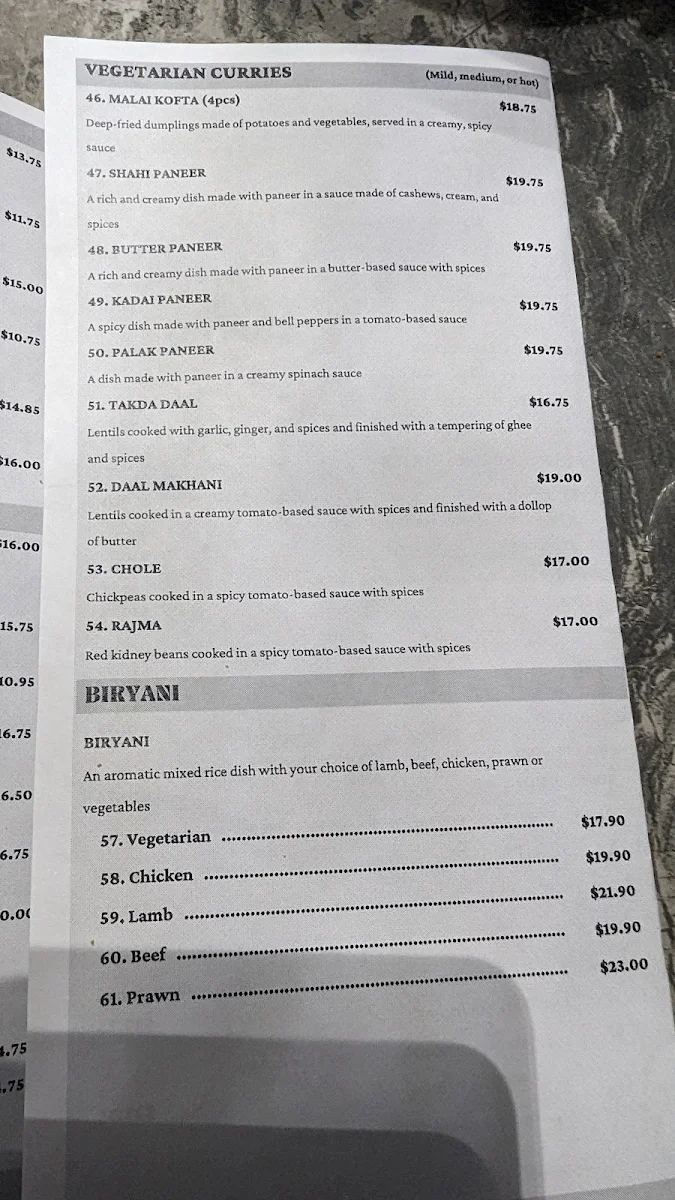Menu, The Spice Delight