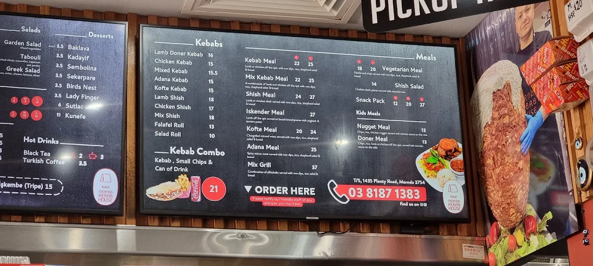 Menu, Mernda Kebab House