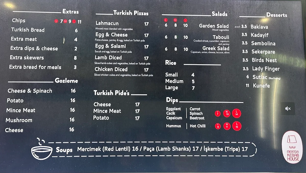 Menu, Mernda Kebab House