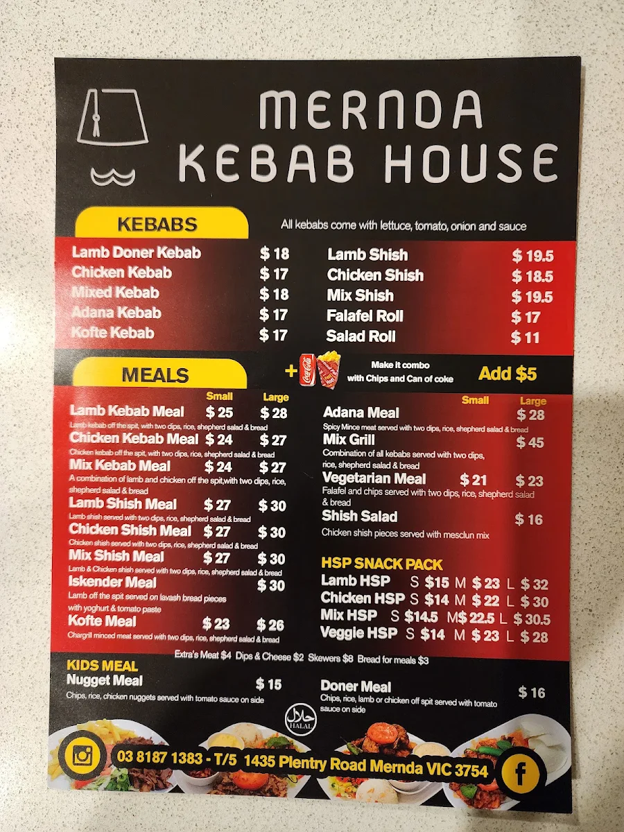 Menu, Mernda Kebab House