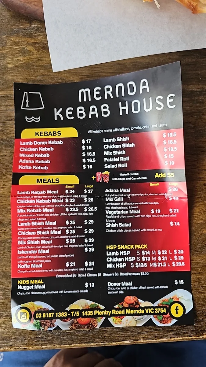 Menu, Mernda Kebab House