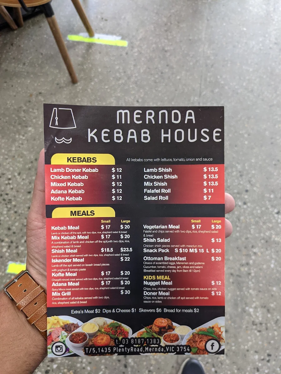 Menu, Mernda Kebab House