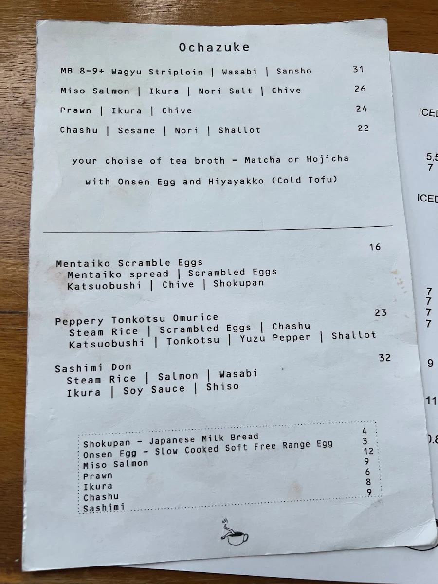 Menu, Wuta Cafe