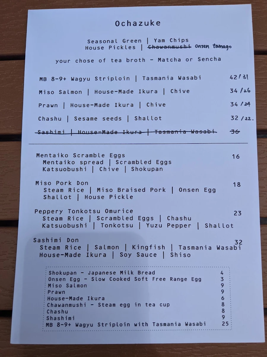 Menu, Wuta Cafe