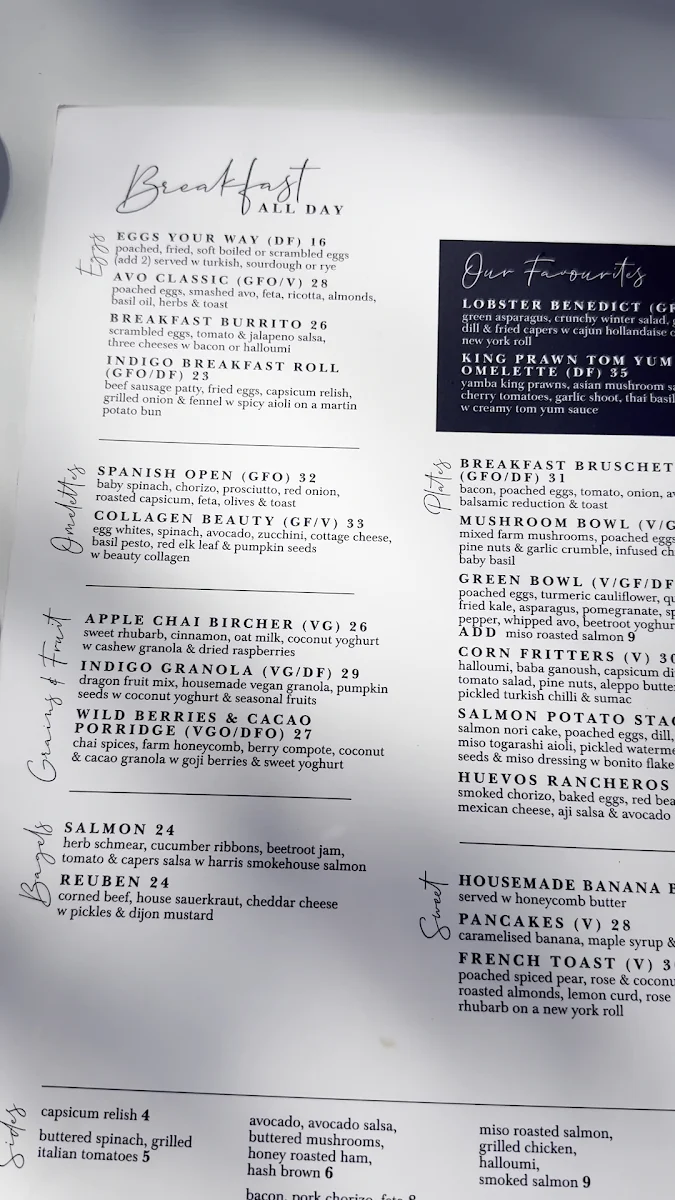 Menu, Indigo Double Bay