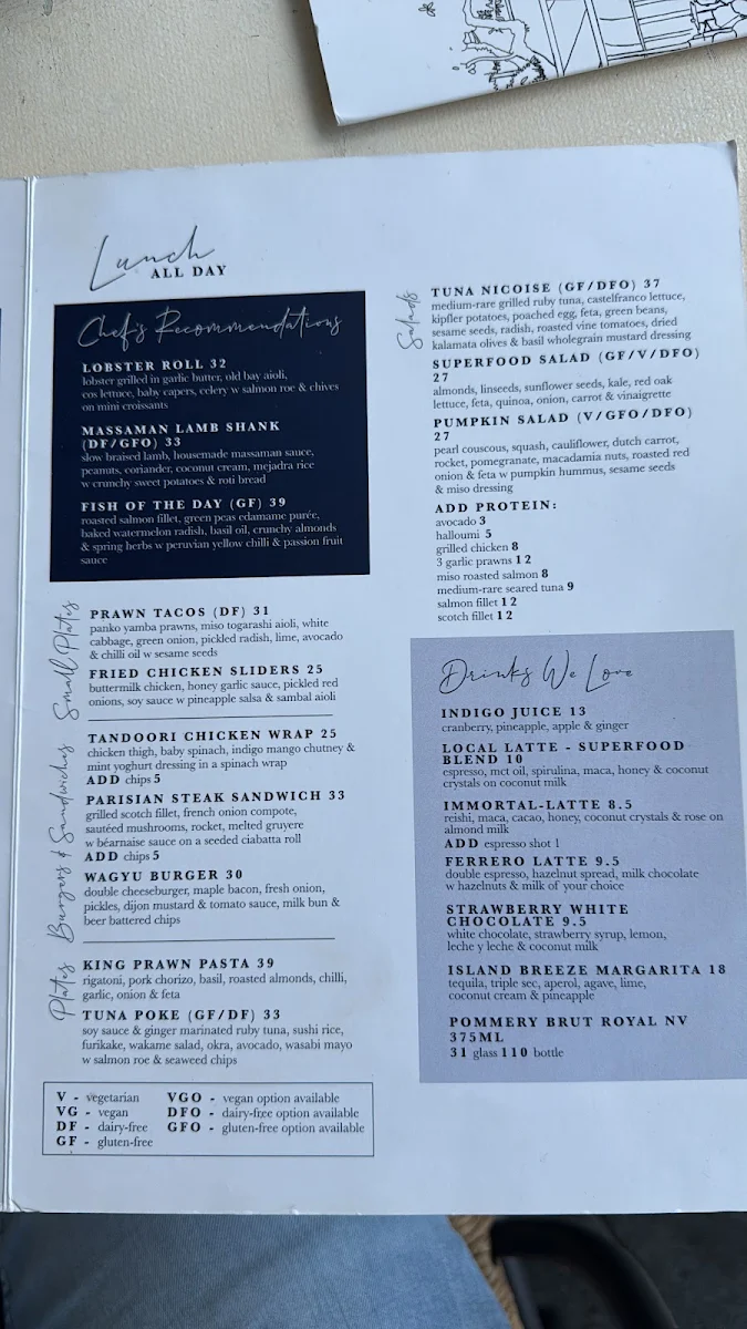 Menu, Indigo Double Bay