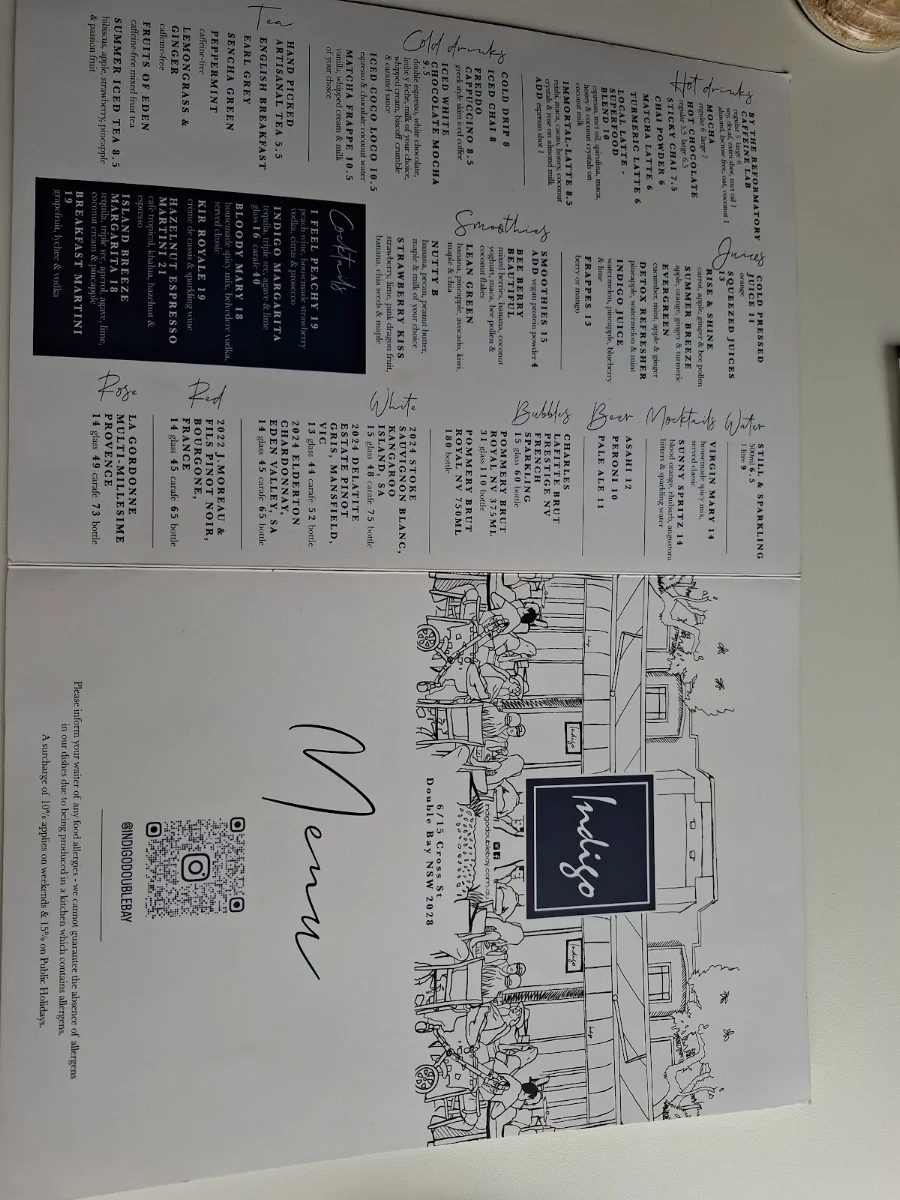 Menu, Indigo Double Bay