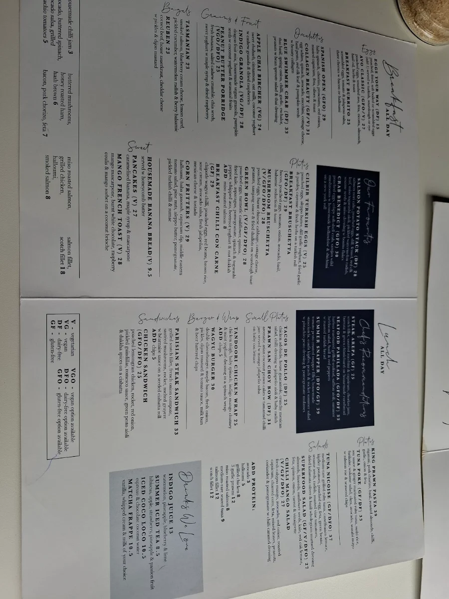 Menu, Indigo Double Bay