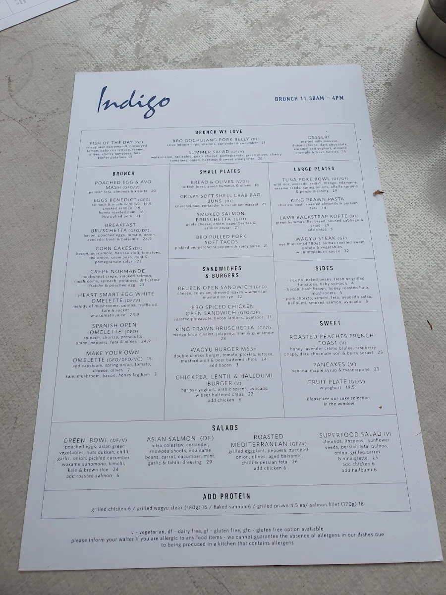 Menu, Indigo Double Bay