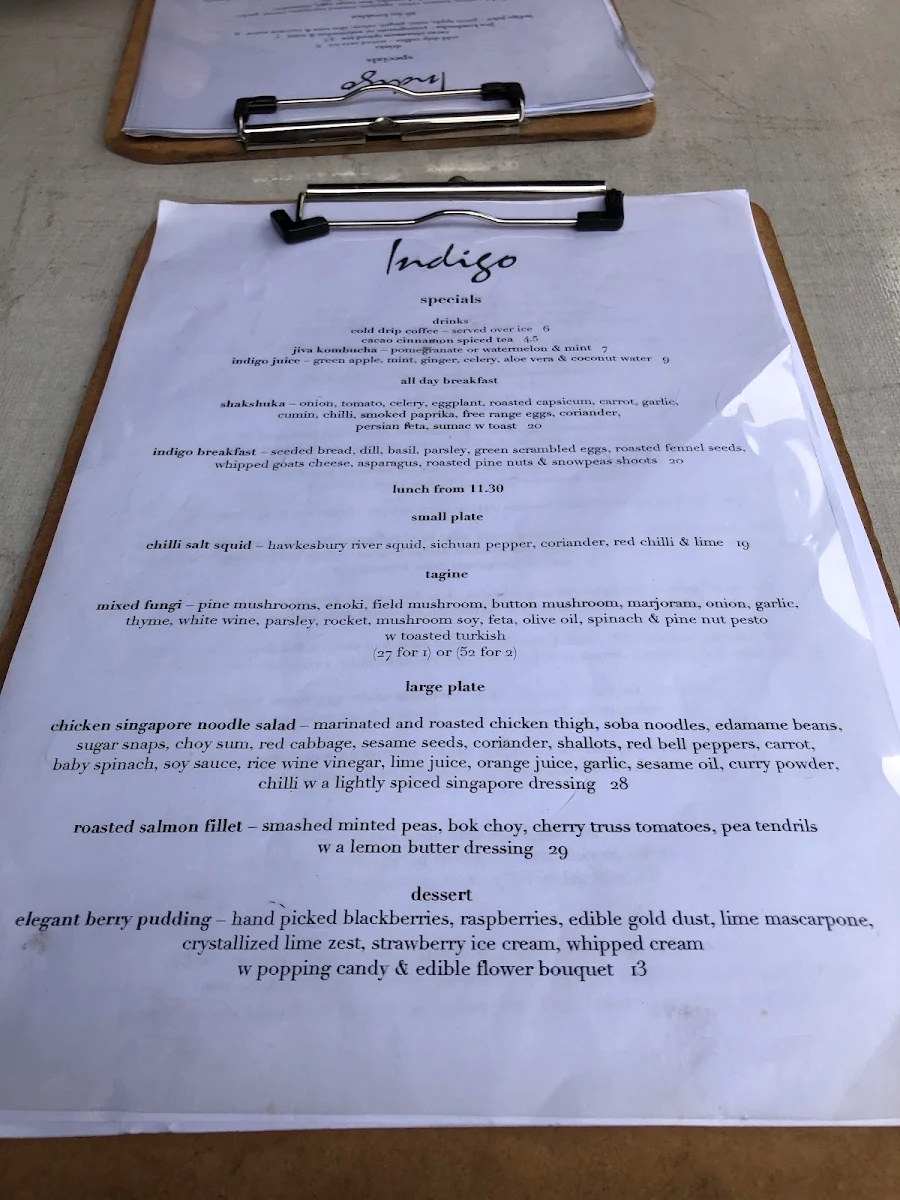 Menu, Indigo Double Bay