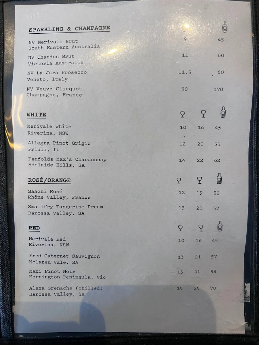 Menu, The Royal Bondi