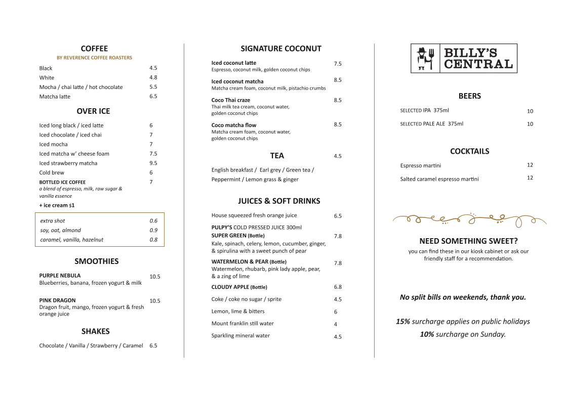 Menu, Billy’s Central