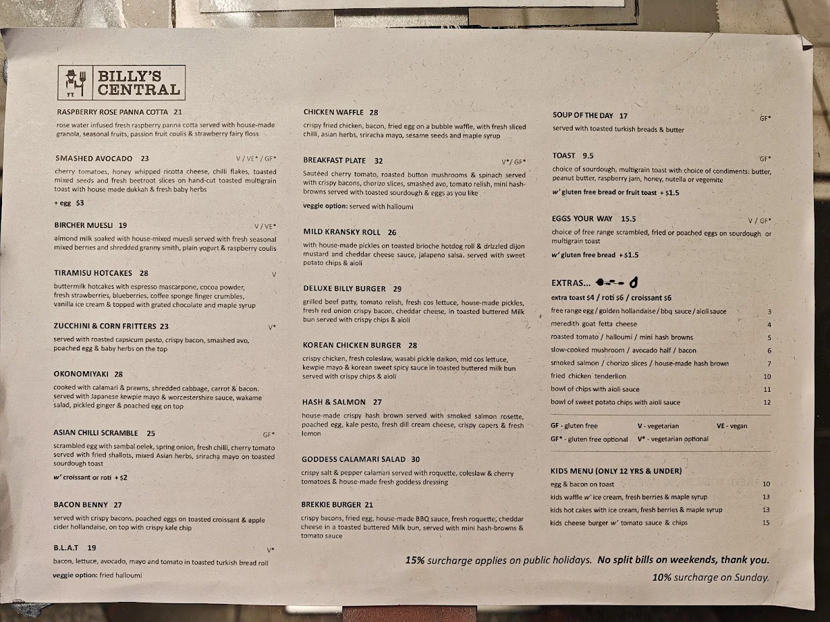 Menu, Billy’s Central