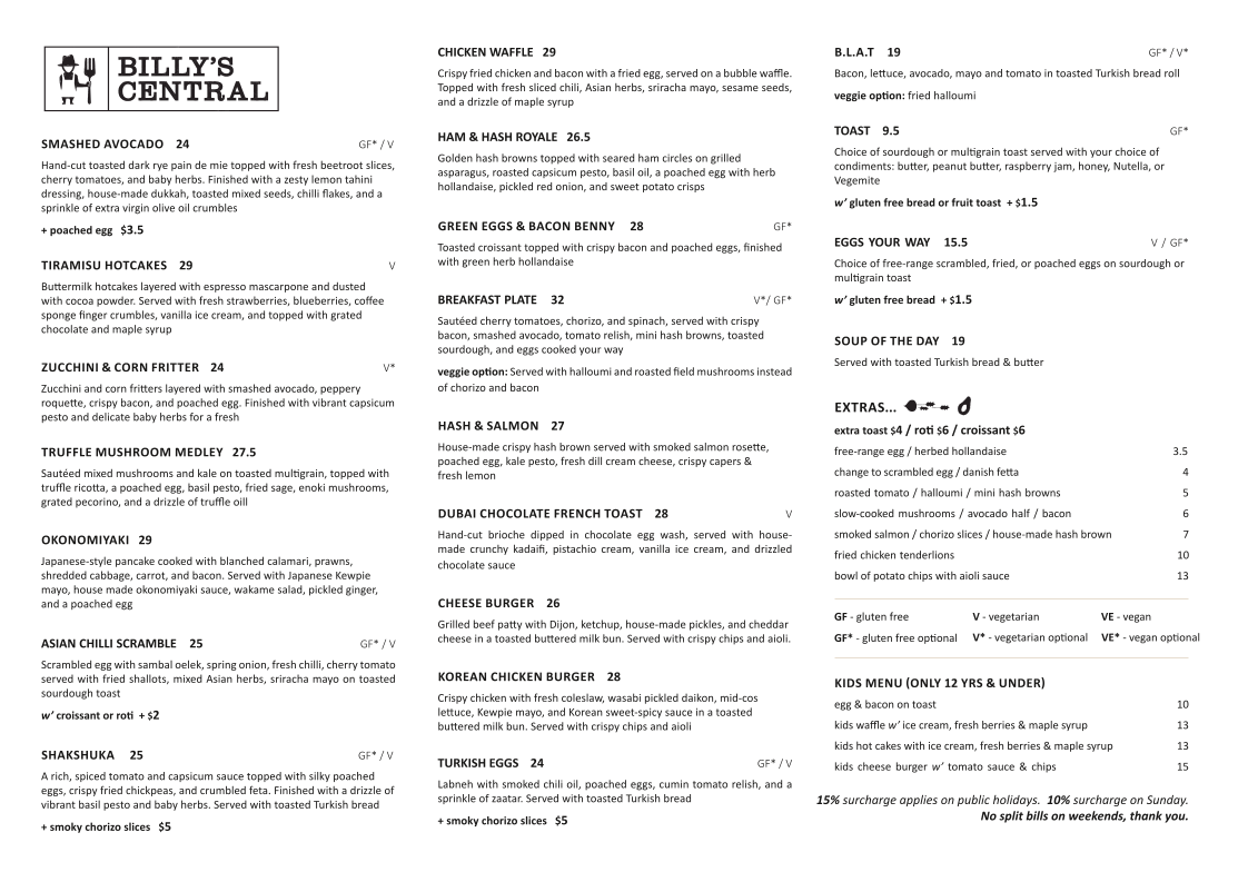 Menu, Billy’s Central