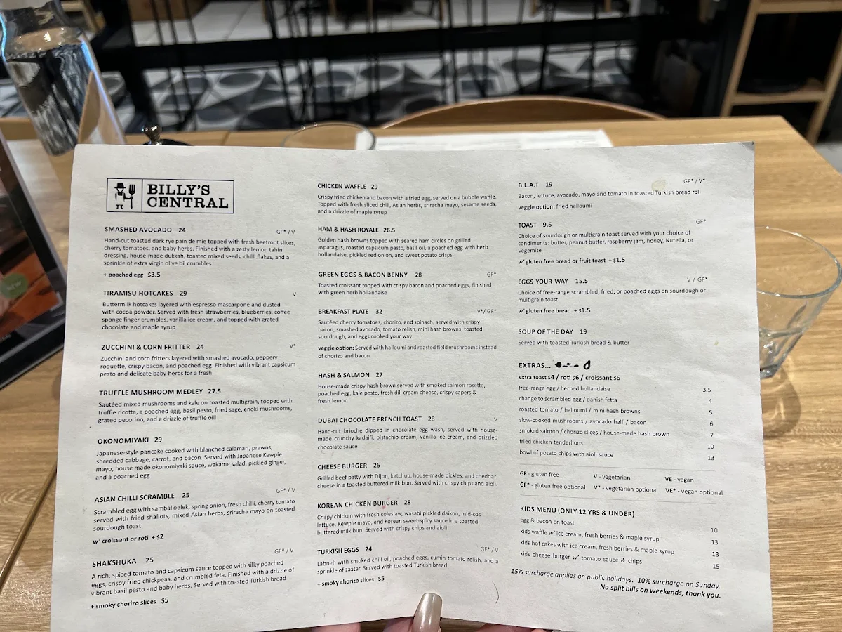 Menu, Billy’s Central