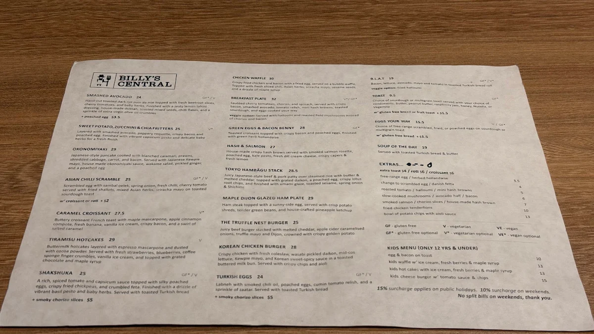 Menu, Billy’s Central