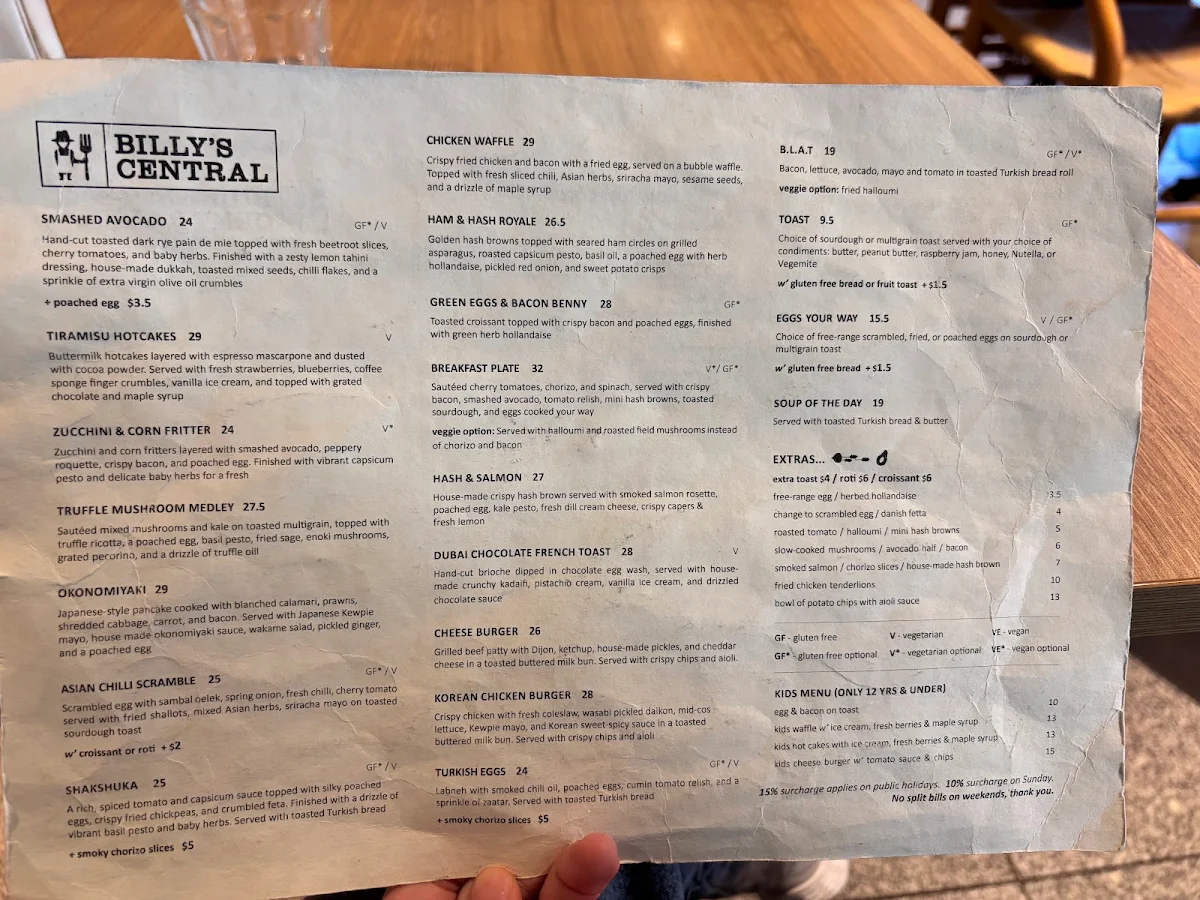 Menu, Billy’s Central