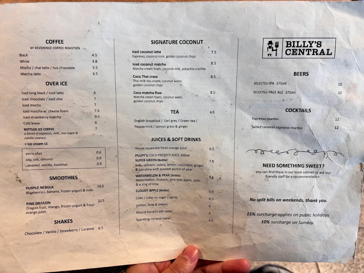 Menu, Billy’s Central