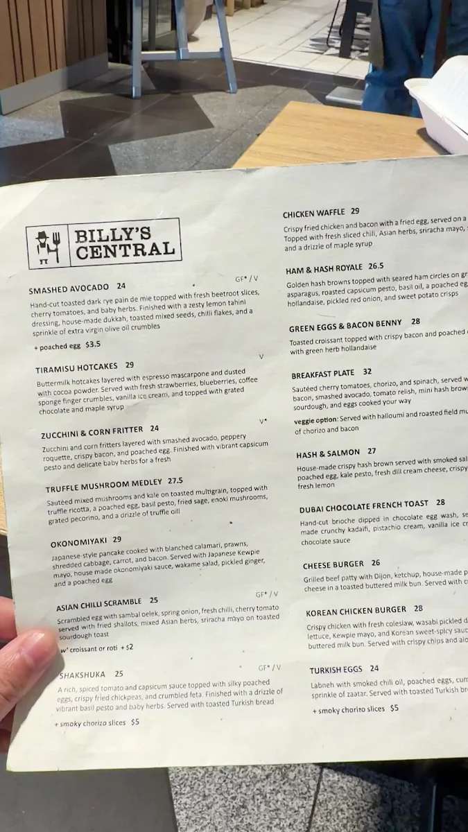Menu, Billy’s Central