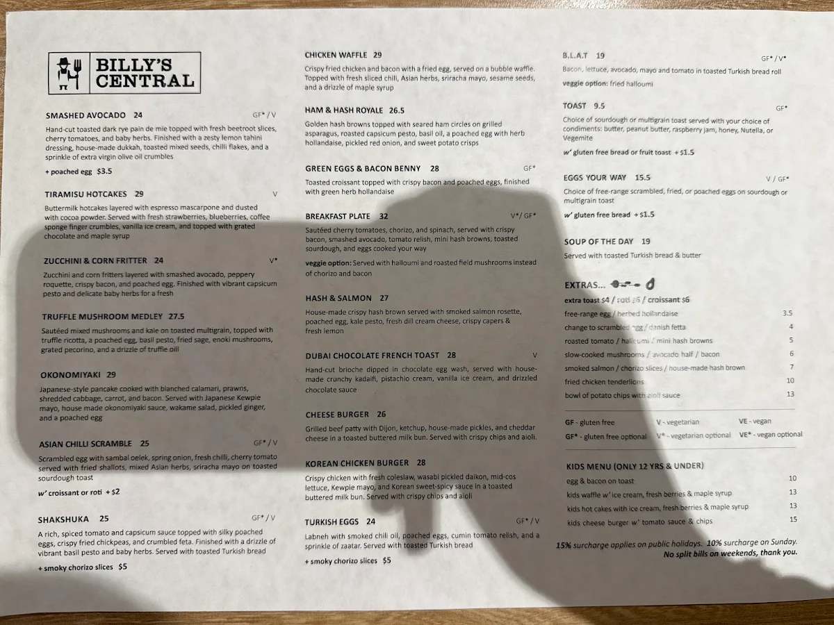 Menu, Billy’s Central
