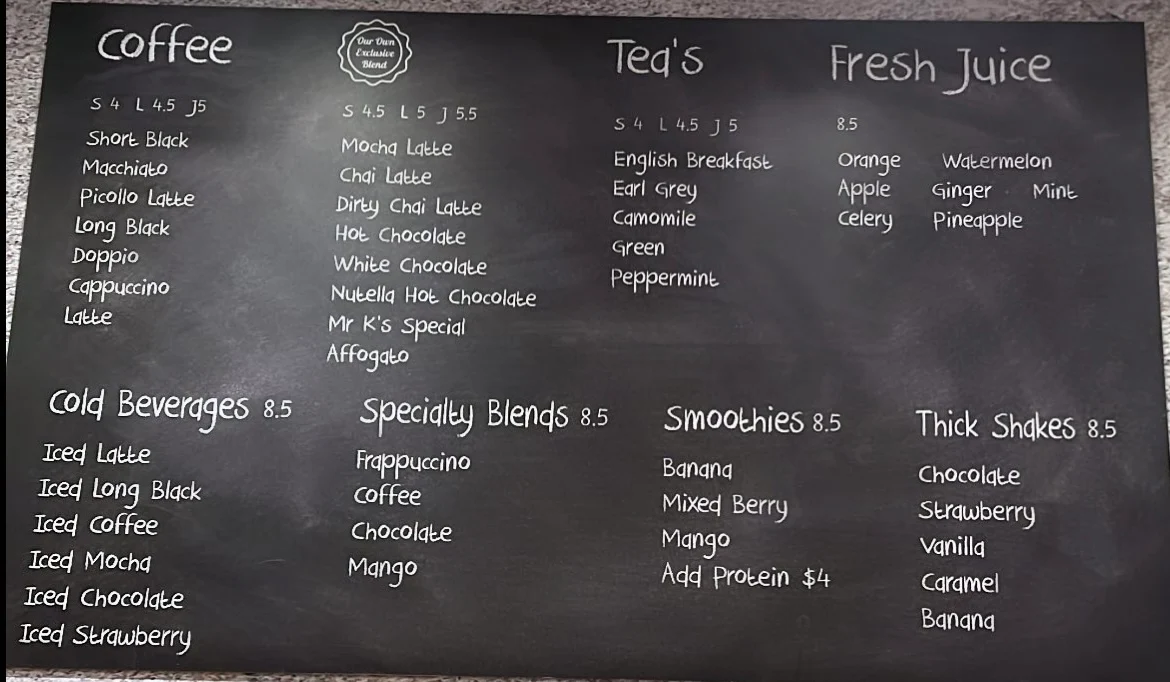 Menu, Mr K's Cafe