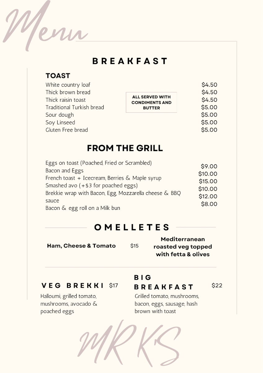 Menu, Mr K's Cafe