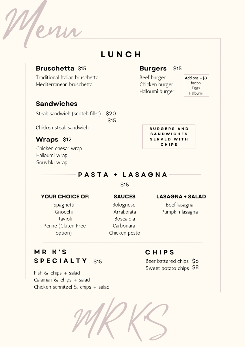 Menu, Mr K's Cafe
