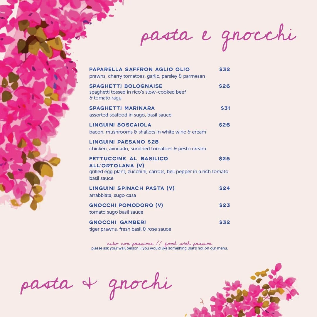 Menu, Rico's Italian restaurant