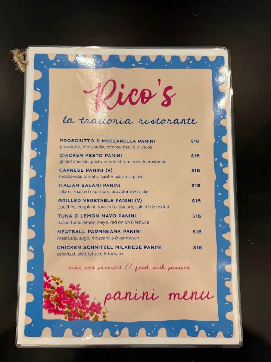Menu, Rico's Italian restaurant