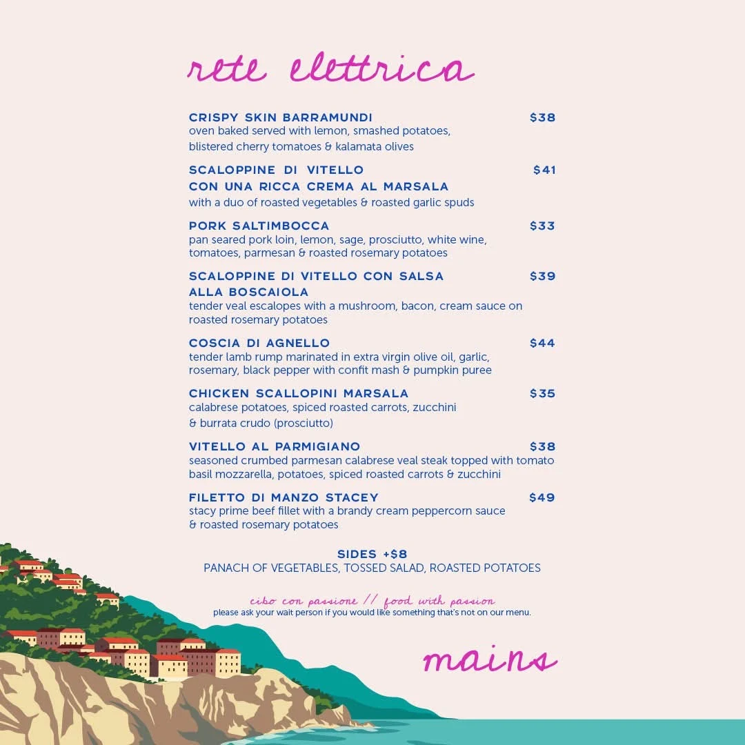 Menu, Rico's Italian restaurant