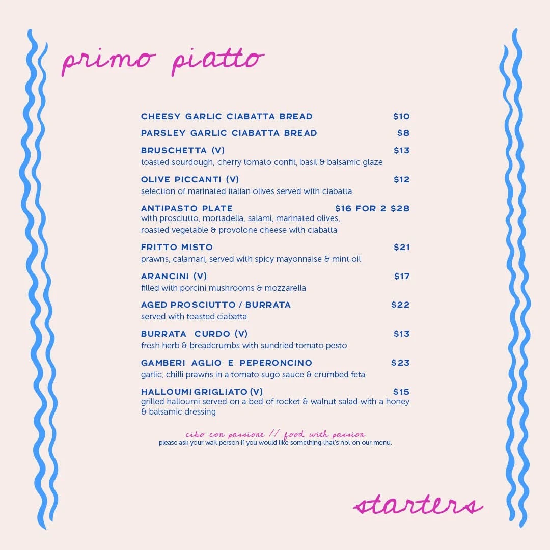 Menu, Rico's Italian restaurant