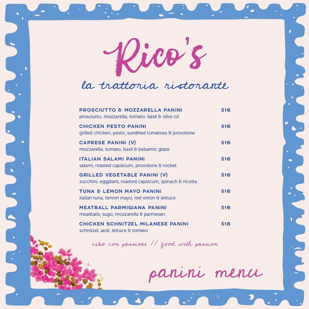 Menu, Rico's Italian restaurant